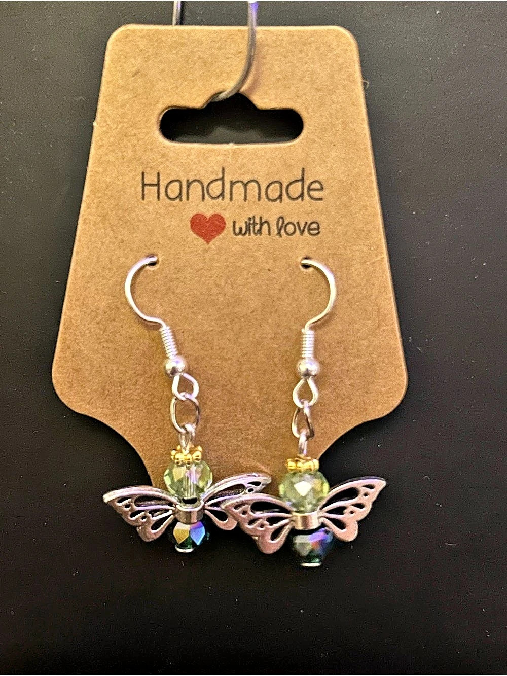 Handcrafted Butterfly Dangle Earrings in Silver & Green NWT